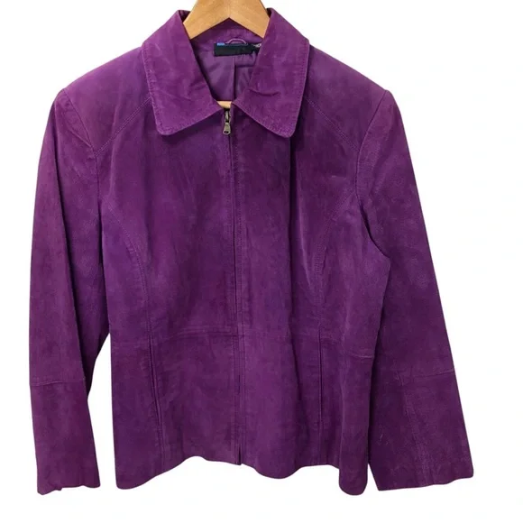Vintage 90's Y2K Suede Leather Jacket Womens L Purple Retro Grunge Casual Preppy - Picture 4 of 7